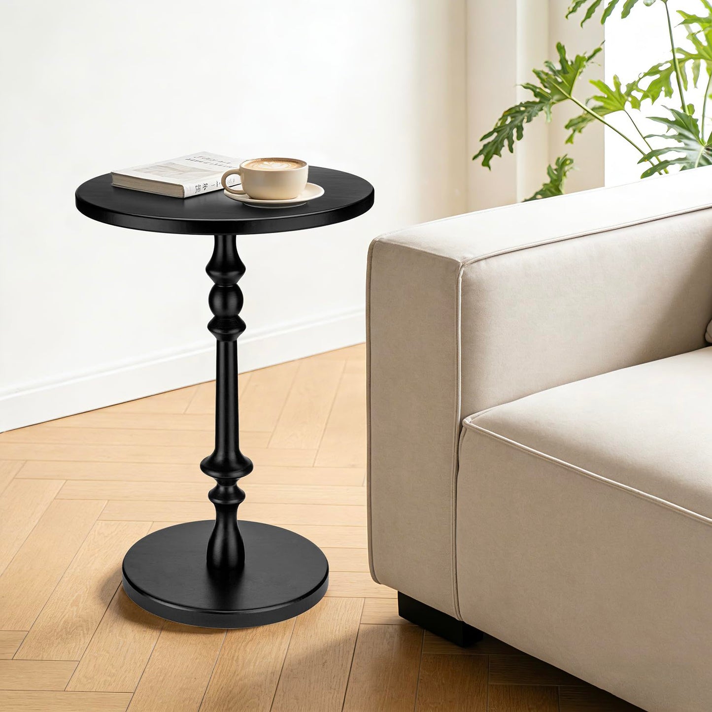 Lampaggio Solid Wood Round Side Table, 15.75" Small Drink Table with Non-Slip Pedestal Base