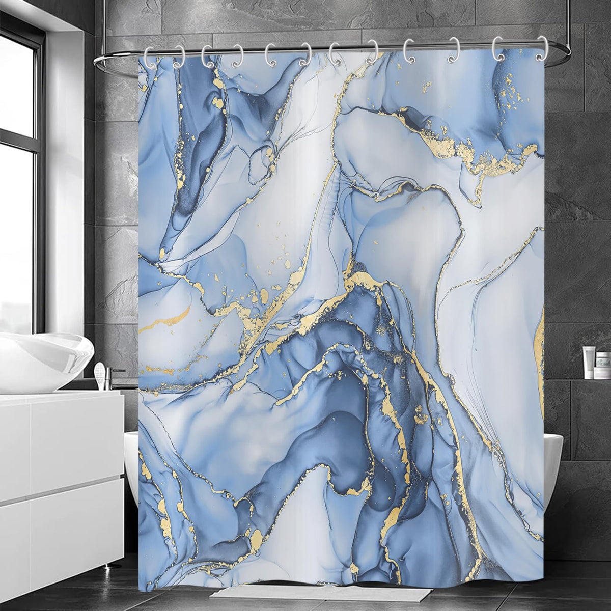 Hnmdmyi Marble Shower Curtain 180x200, Light Blue Gold Abstract Marble Bathroom Curtains Luxury Modern Aesthetic Art Ink Texture Waterproof Polyester
