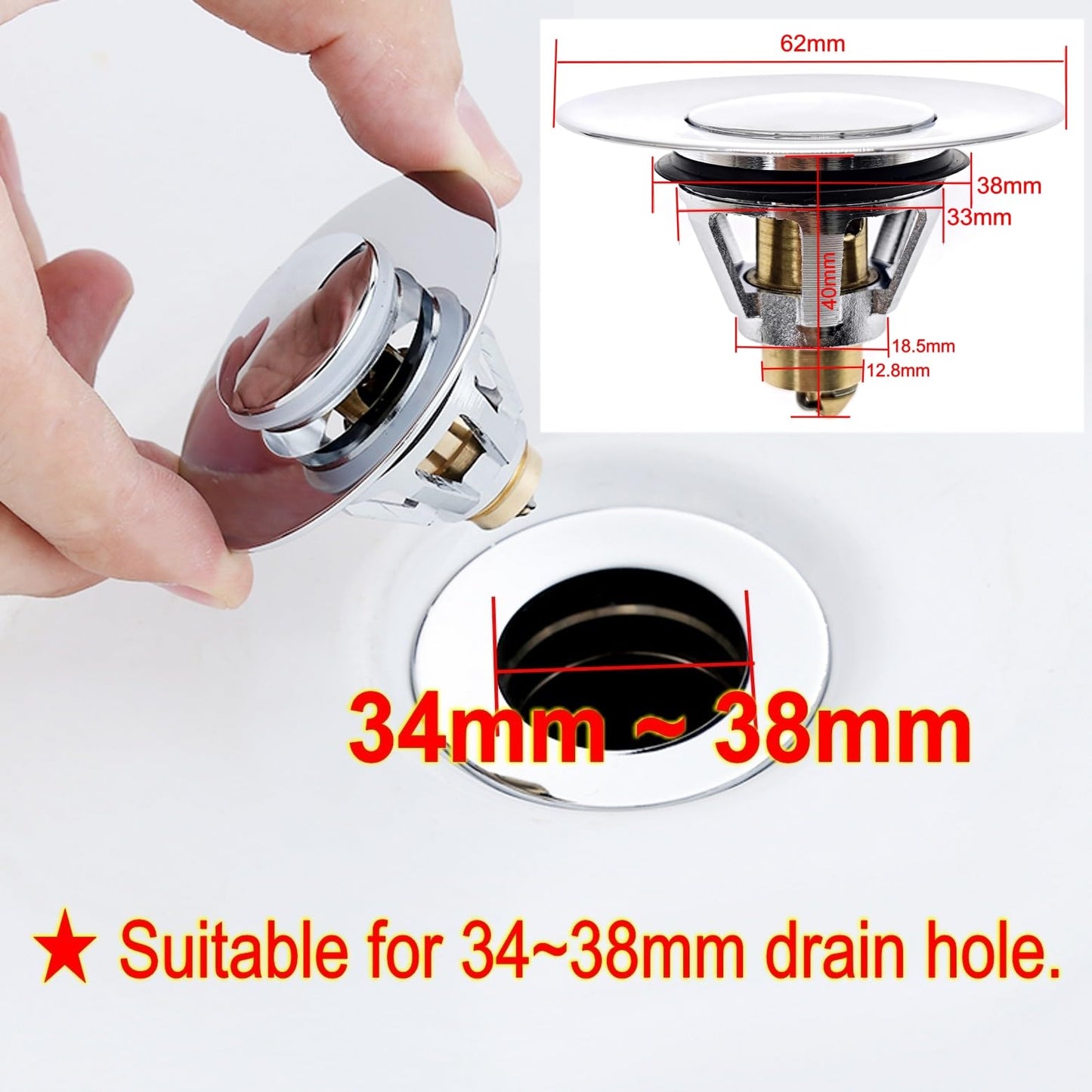 JZK Brass bathroom pop up sink plug replacement for 34-38mm drain hole, universal metal sink strainer stopper, click-clack basin waste plug basket