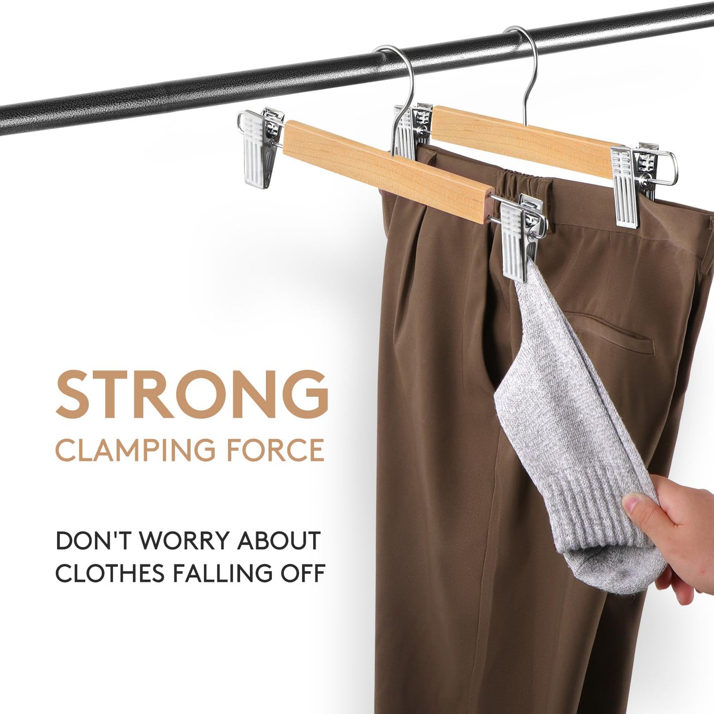 10Pack Wooden Trouser Hangers with Clips, 35cm Skirt Coat Hangers,Clothes Hangers for Shorts,Pants,Kilt,Jeans,Heavy Duty,Adjustable,Adult,360° Swivel
