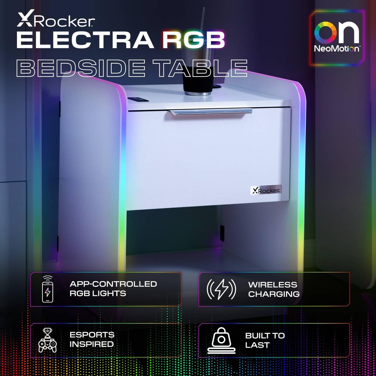 X-Rocker Electra 45cm x 40cm, RGB LED Bedside Table & Drawer - Neo Motion™ Sync App Controlled LED Lights, Wireless Charging, 1 Drawer, Storage Shelf
