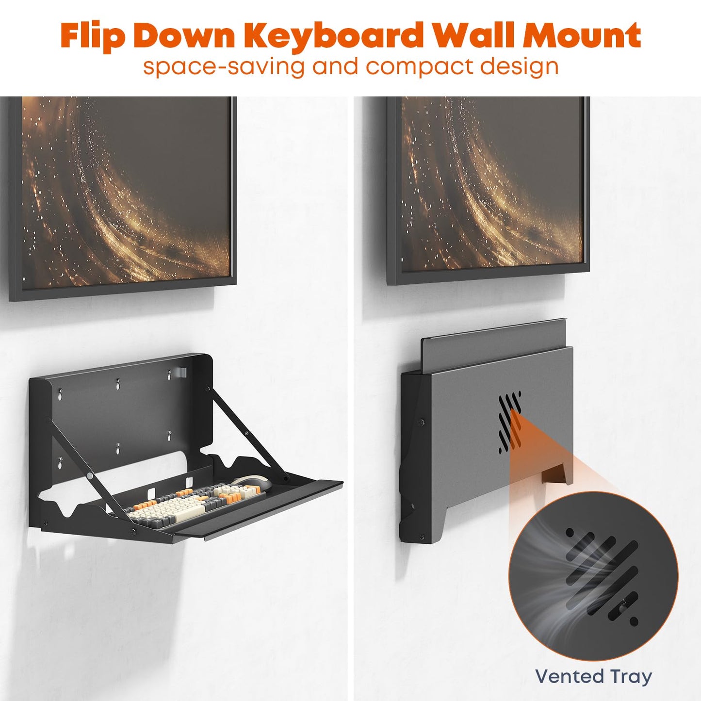 Flip-Down Keyboard Wall Tray, 24-Inch Wall-Mounted Platform with Mouse Pad & Wrist Rest, Space-Saving Design, Holds up to 22 lbs, Black