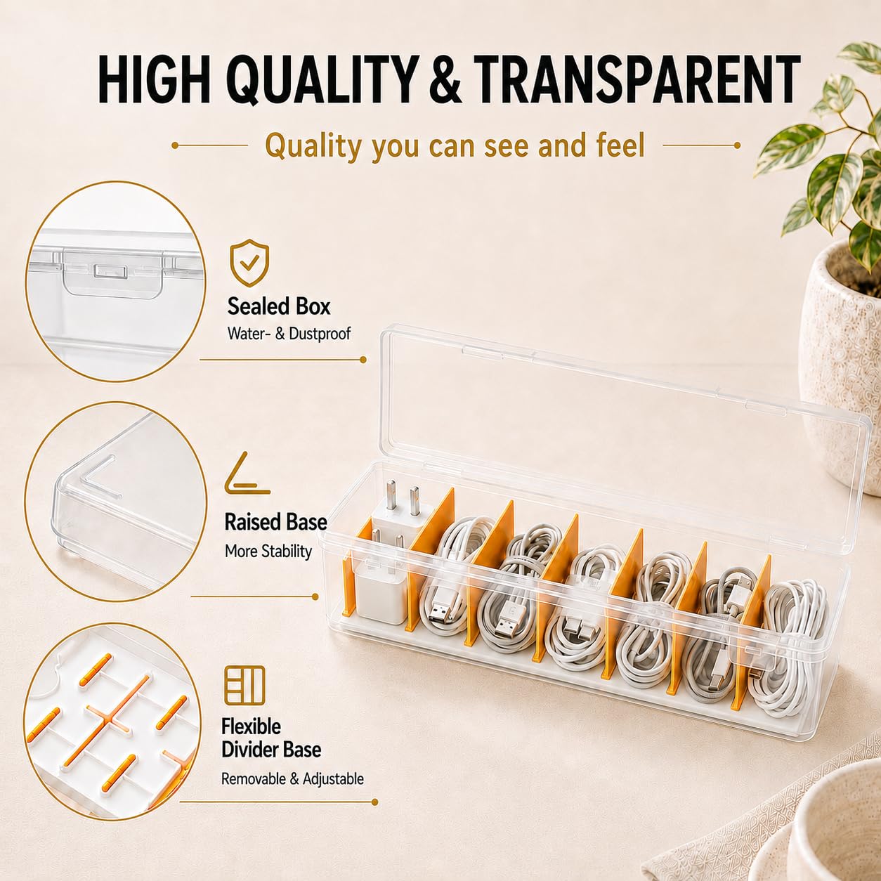 SKNC 2 Pcs Cable Storage Box with Lid, Cable Management Box with 7 Adjustable Compartments Data Tidy and 10 Cable Ties Reusable,Transparent