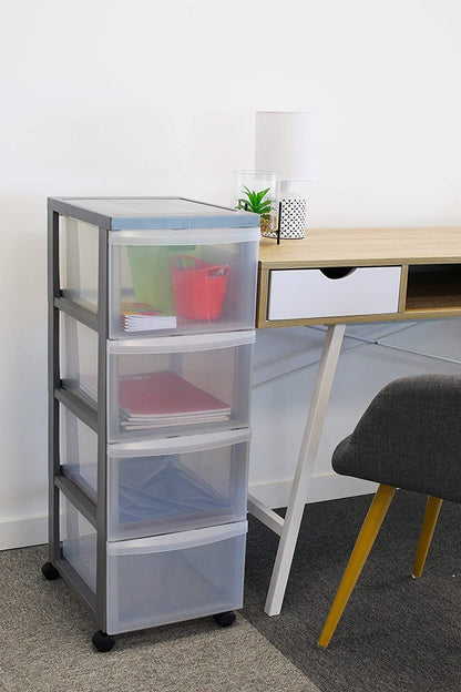 Iris Ohyama Plastic Storage Drawer Unit with Wheels, 4 Deep Drawers, Silver, Easy-Pull Handles, Supplies Organiser, For Bedroom, Bathroom, School &