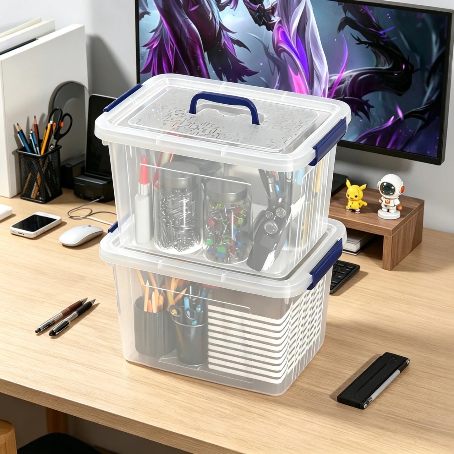Ziglous 12 L Clear Plastic Storage Boxes with Lid and Handle, 6 Packs, Blue