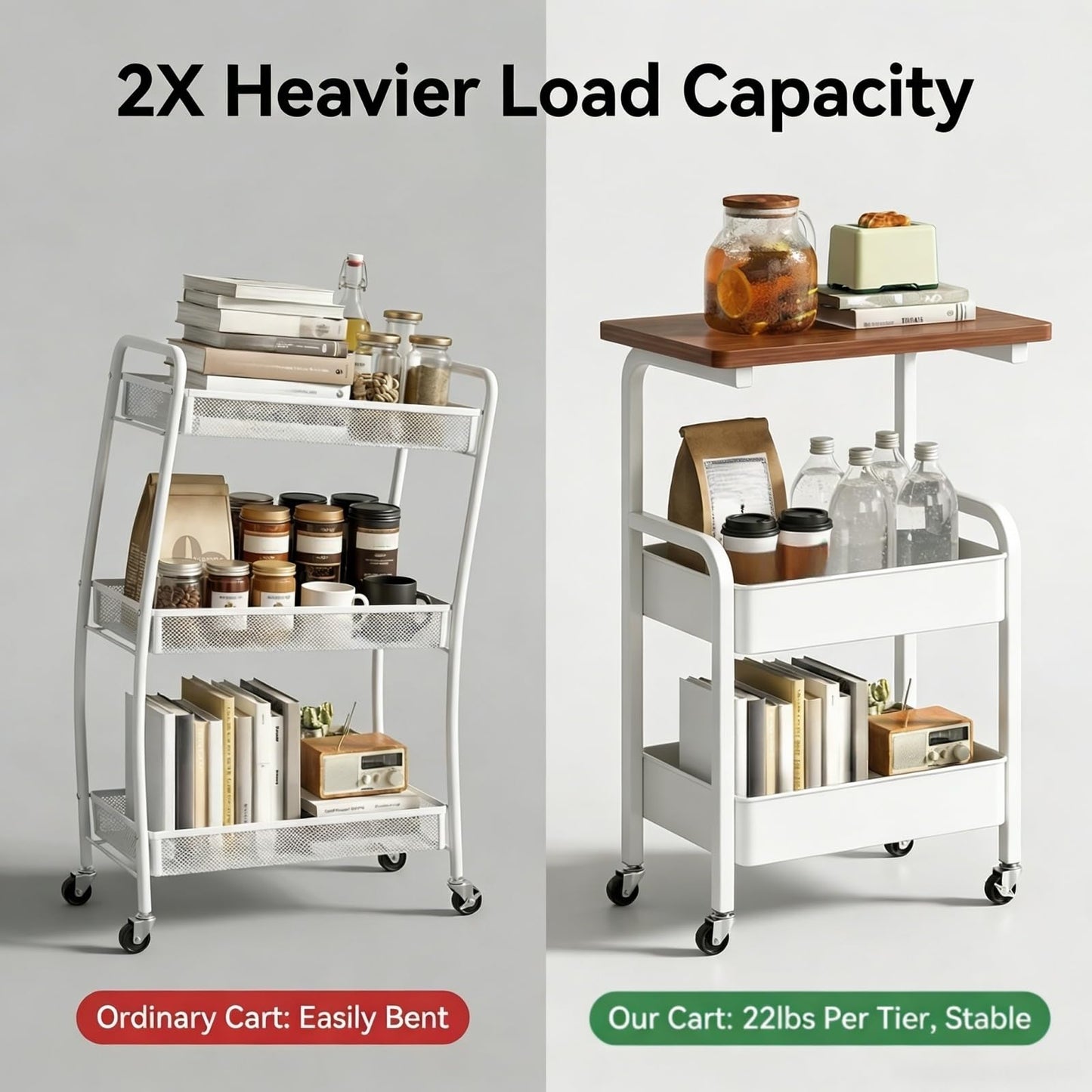 3 Tier Metal Rolling Utility Cart Organizer with Walnut Table Top, Stable and Sturdy Rolling Storage Carts with 2 Lockable Wheels for