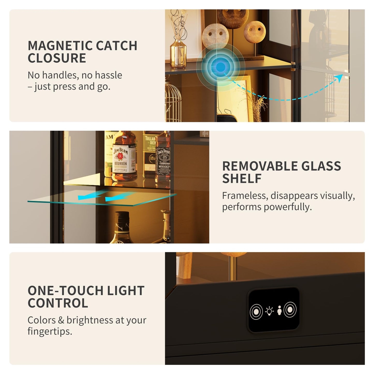 5-Tier Glass Display Cabinets with 3-Color Lighting, Lock & Human Sensor