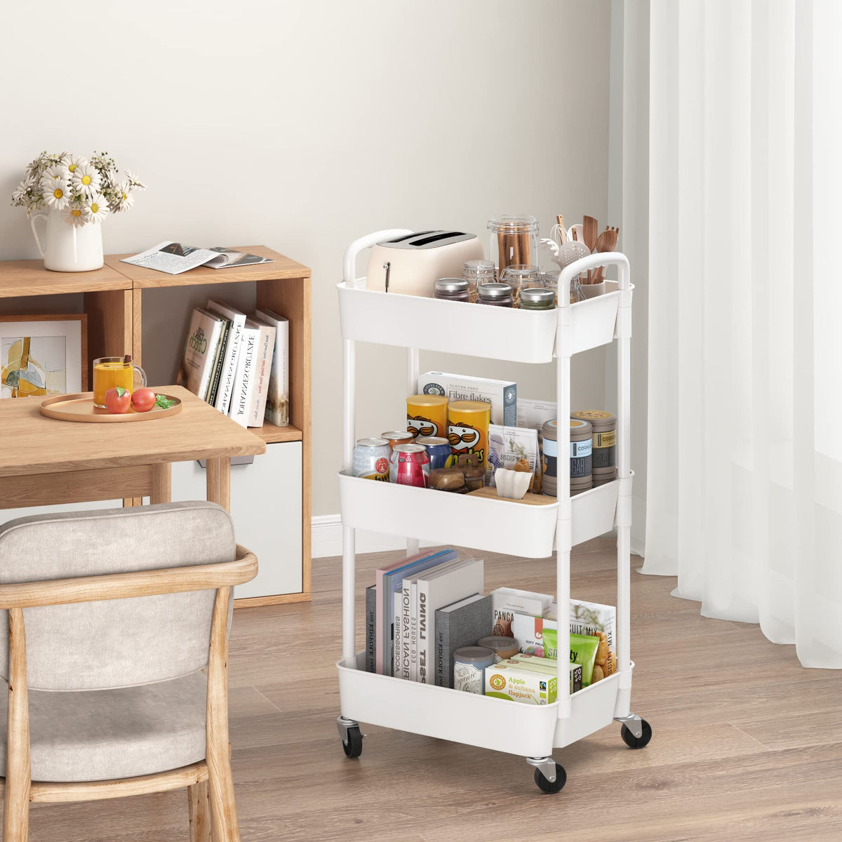 Sywhitta 3-tier Plastic Storage Trolley on Wheels, Kitchen Storage Utility Cart, Rolling Storage Rack for Bedroom, Bathroom, Office, White