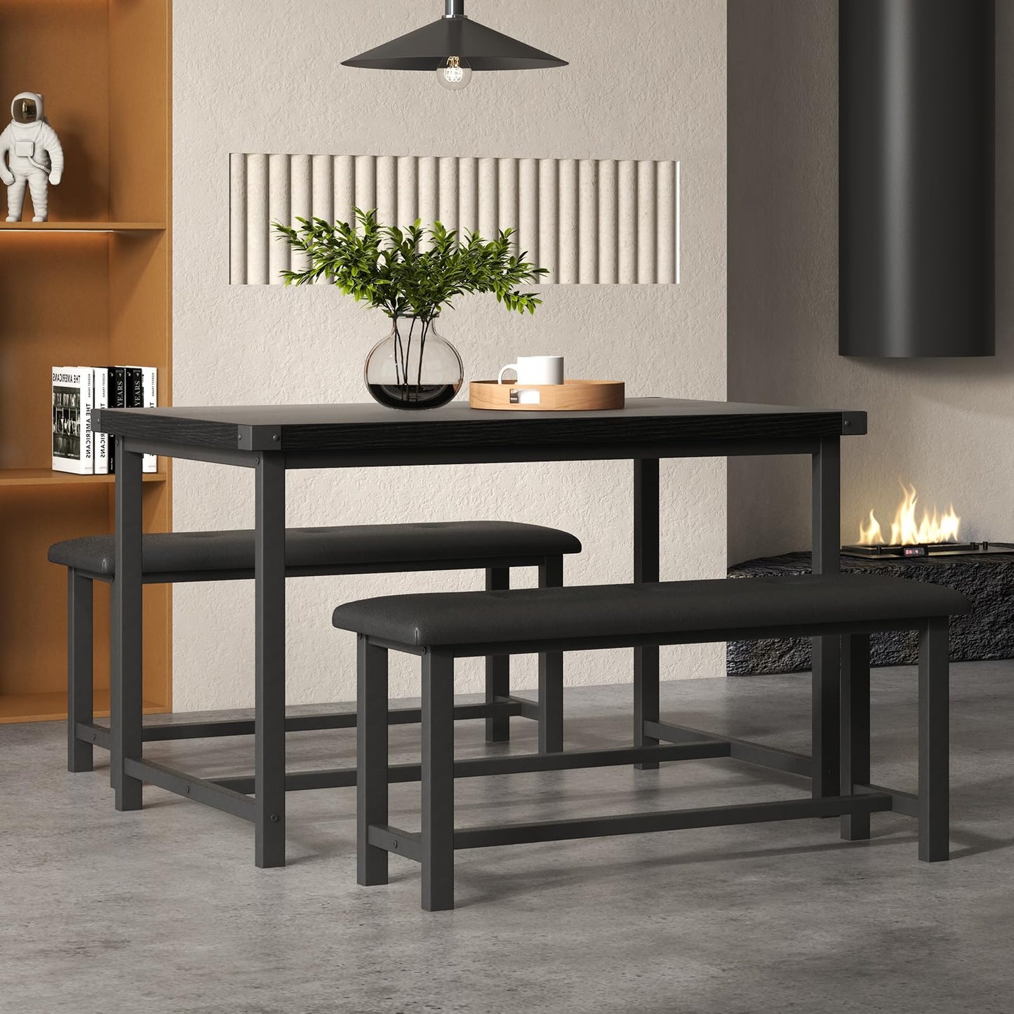 Crevyteg Modern Industrial 3-Piece Dining Table Set for 4 with 2 Upholstered Benches, Space-Saving Kitchen Table Set for Small Spaces