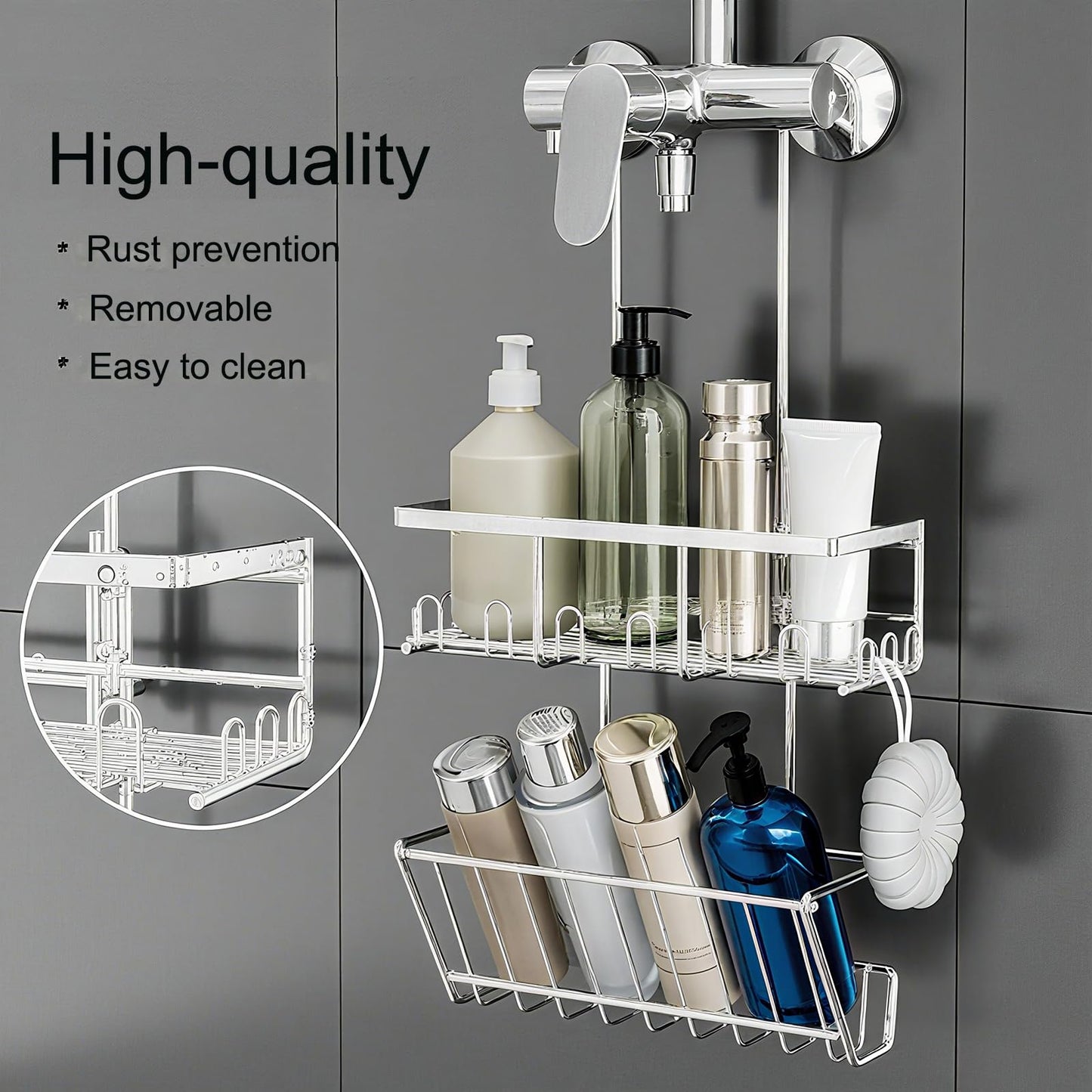 RUIHANDA 2-Tier Shower Caddy, Shower Caddy Hanging No Drilling, Silver