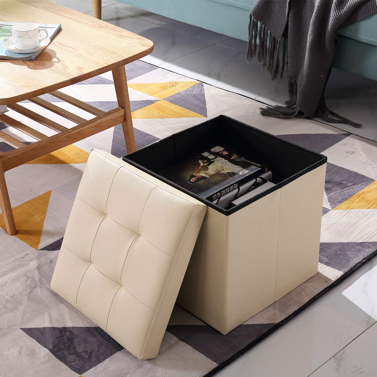 BRIAN & DANY Folding Ottoman Storage Box with Lid, Faux Leather Footstool Toy Storage Box Storage Seat 38 x 38 x 38 cm (Beige)