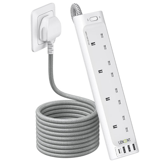 LENCENT Extension Lead with USB C Port, 4 Way Outlets Power Strip with 1 USB-C and 3 USB Slots, Multi Power Plug Extension Socket with 1.8M Braided