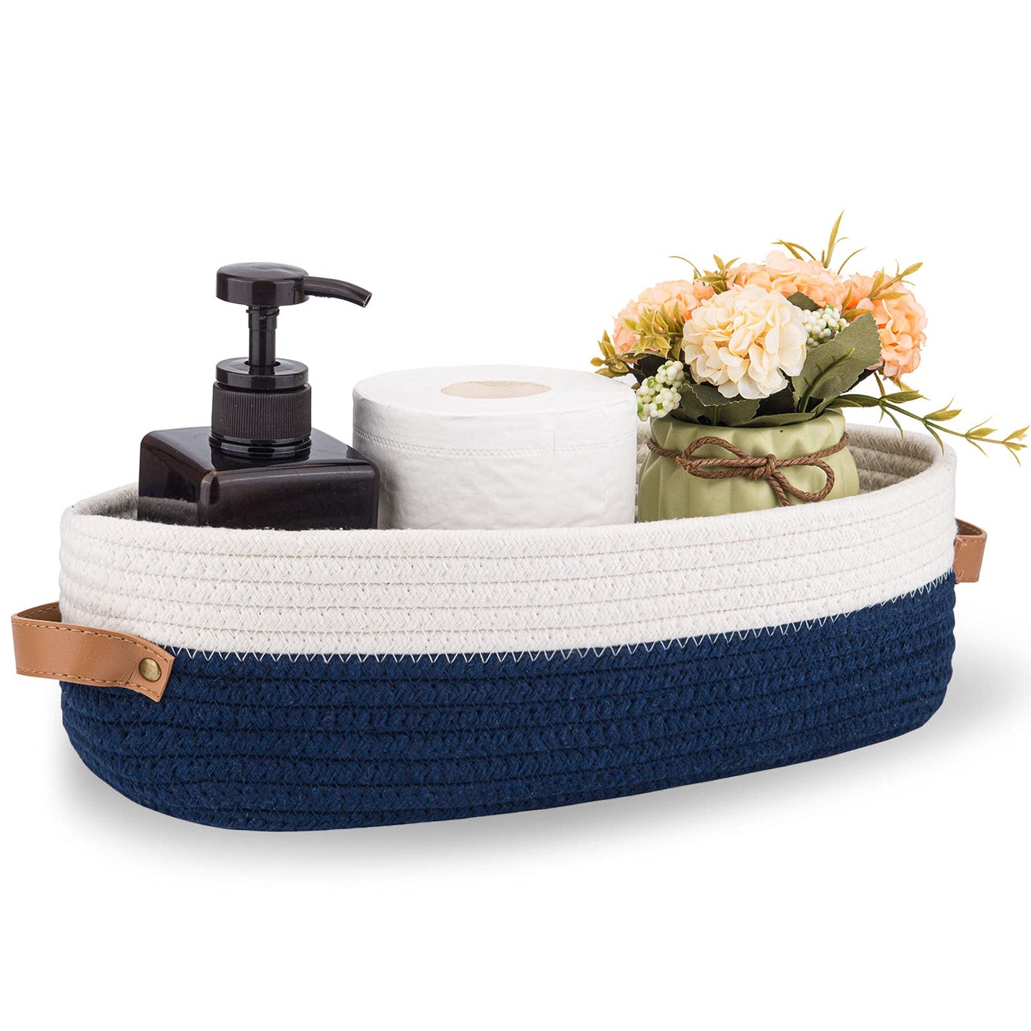 Oradrem Toilet Basket Woven Storage Basket for Toilet Tank Top Farmhouse Home Decor Organization Baskets 13 x 6 x 4 inch Navy Stitching White
