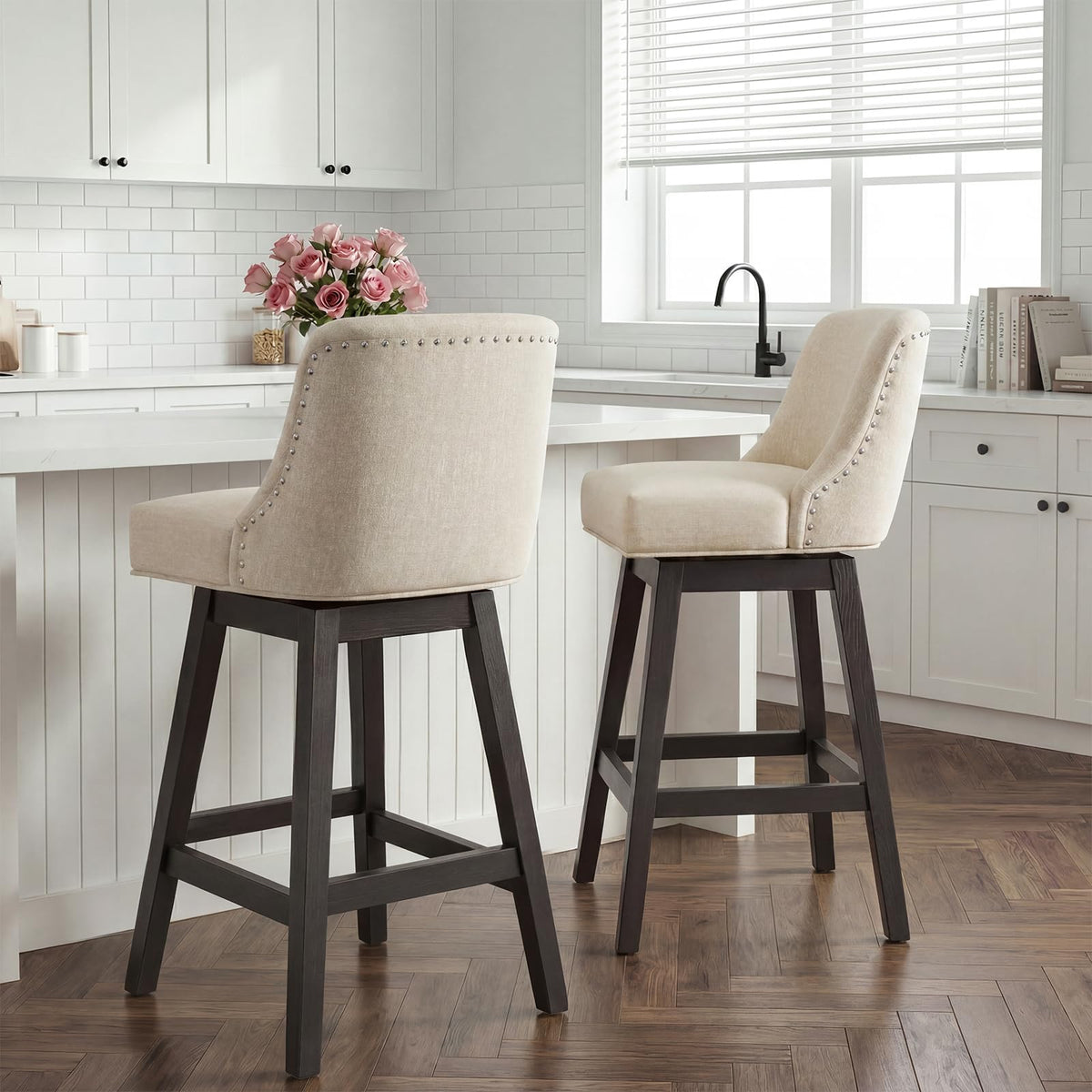 Bar Stools Set of 2, 360° Swivel Upholstered Counter Stools with Back, Wooden Frame Kitchen Bar Chairs with Nailhead Trim