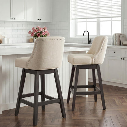 Bar Stools Set of 2, 360° Swivel Upholstered Counter Stools with Back, Wooden Frame Kitchen Bar Chairs with Nailhead Trim