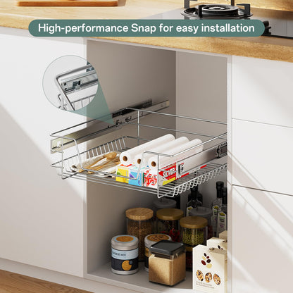 XEMQENER Heavy Duty Kitchen Pull Out Wire Baskets Base Storage Unit, 600MM Slide Out Kitchen Utensil Holder Rack Larder Drawers Origanize with Buffer