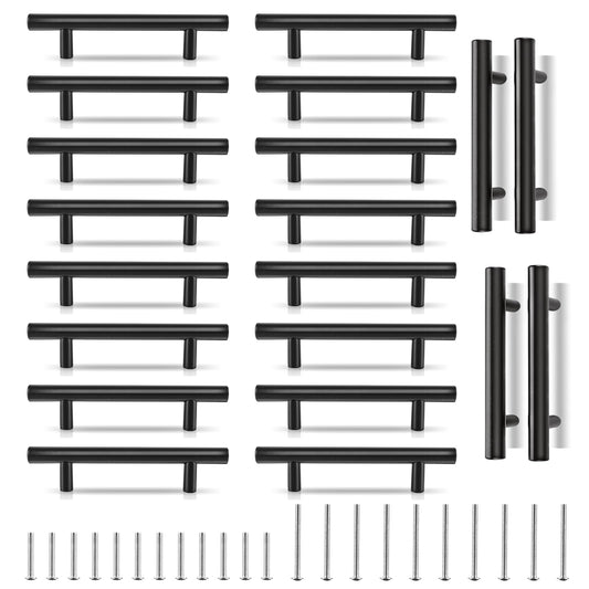 CYEER 20 Pack Black Kitchen Handles 96mm Hole Center, Matt Black Drawer Cupboard Door Handles, Stainless Steel T Bar Wardrobe Cabinet Pull Handle for