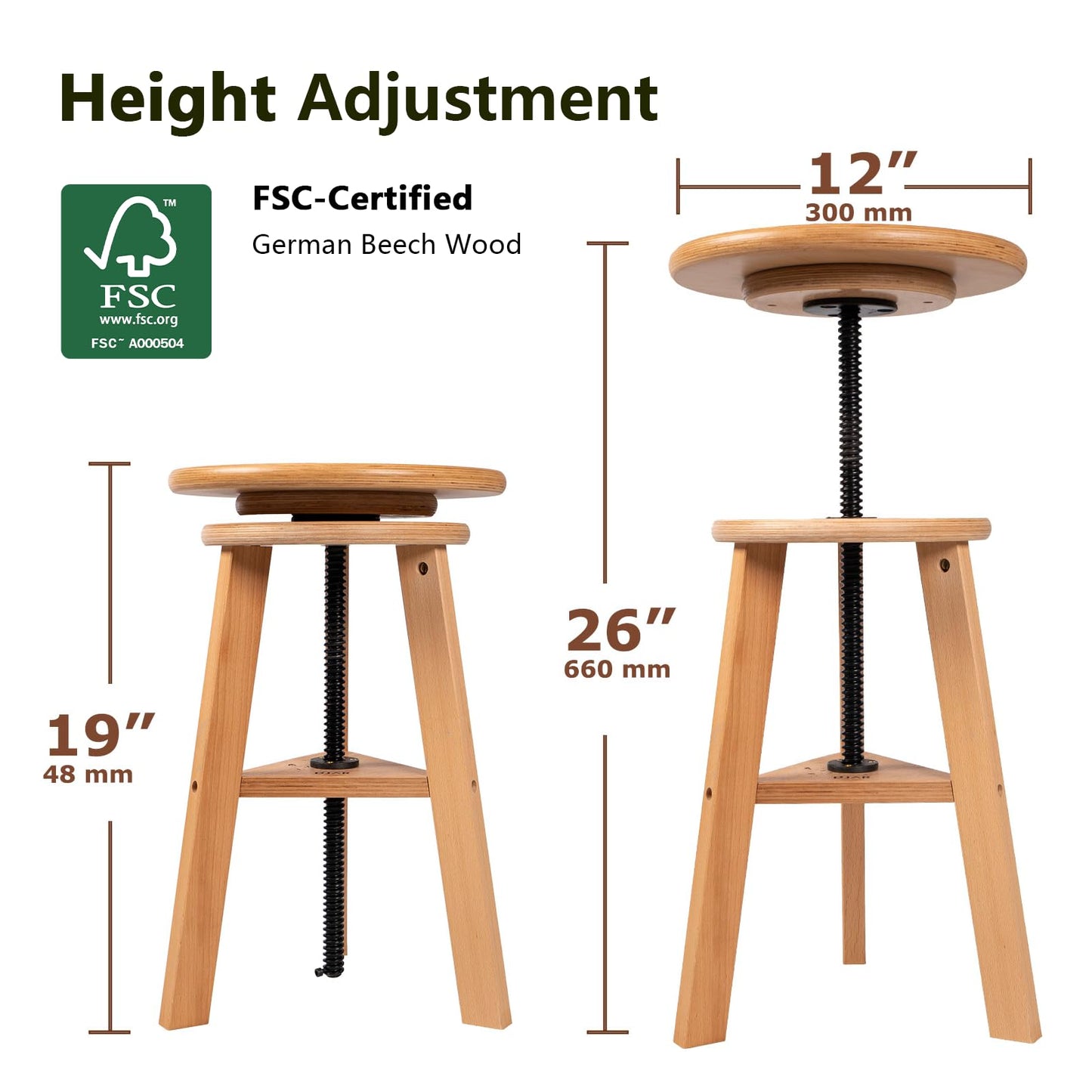 DJAR Wooden Drafting Stool Chair, Adjustable Beech Wood Artist Stool, Swivel Seat 19"-26", Tall Wooden Stool for Studio, Kitchen