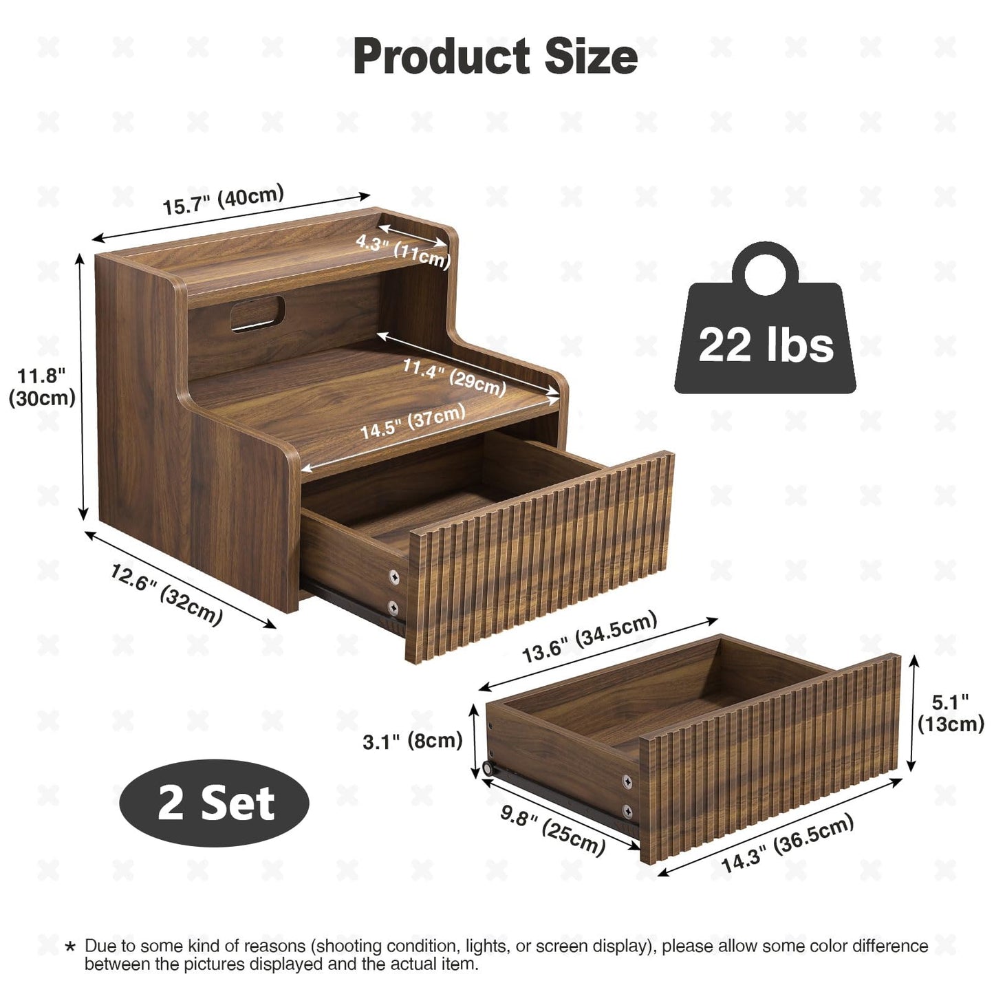Skokliz Floating Bedside Table Set of 2, Wall Mounted Nightstand with Drawer and Open Shelf, Walnut Side Table Bedroom