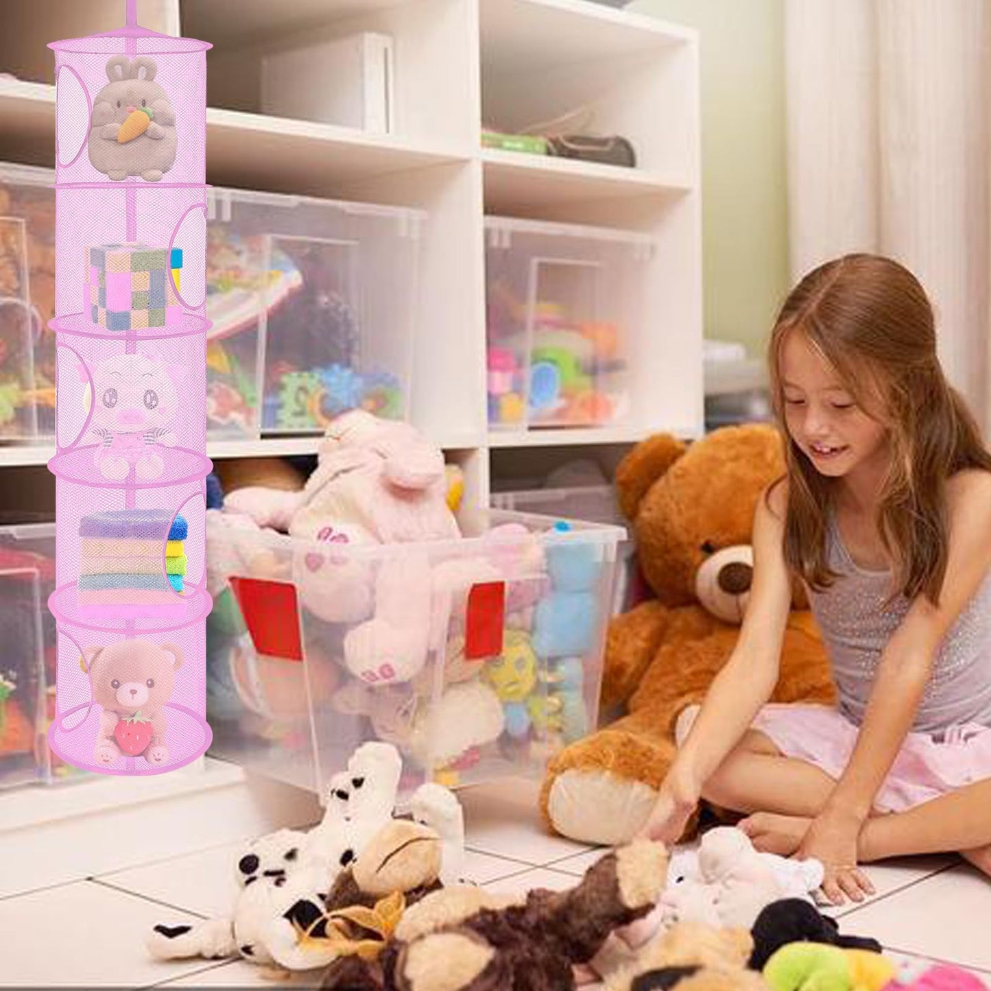 ZYETGH 5 Tier Hanging Mesh Storage Basket, 2 PCS Hanging Teddy Storage Net Foldable Soft Toy Storage Hanging Mesh Basket for Cuddly Toys Clothes