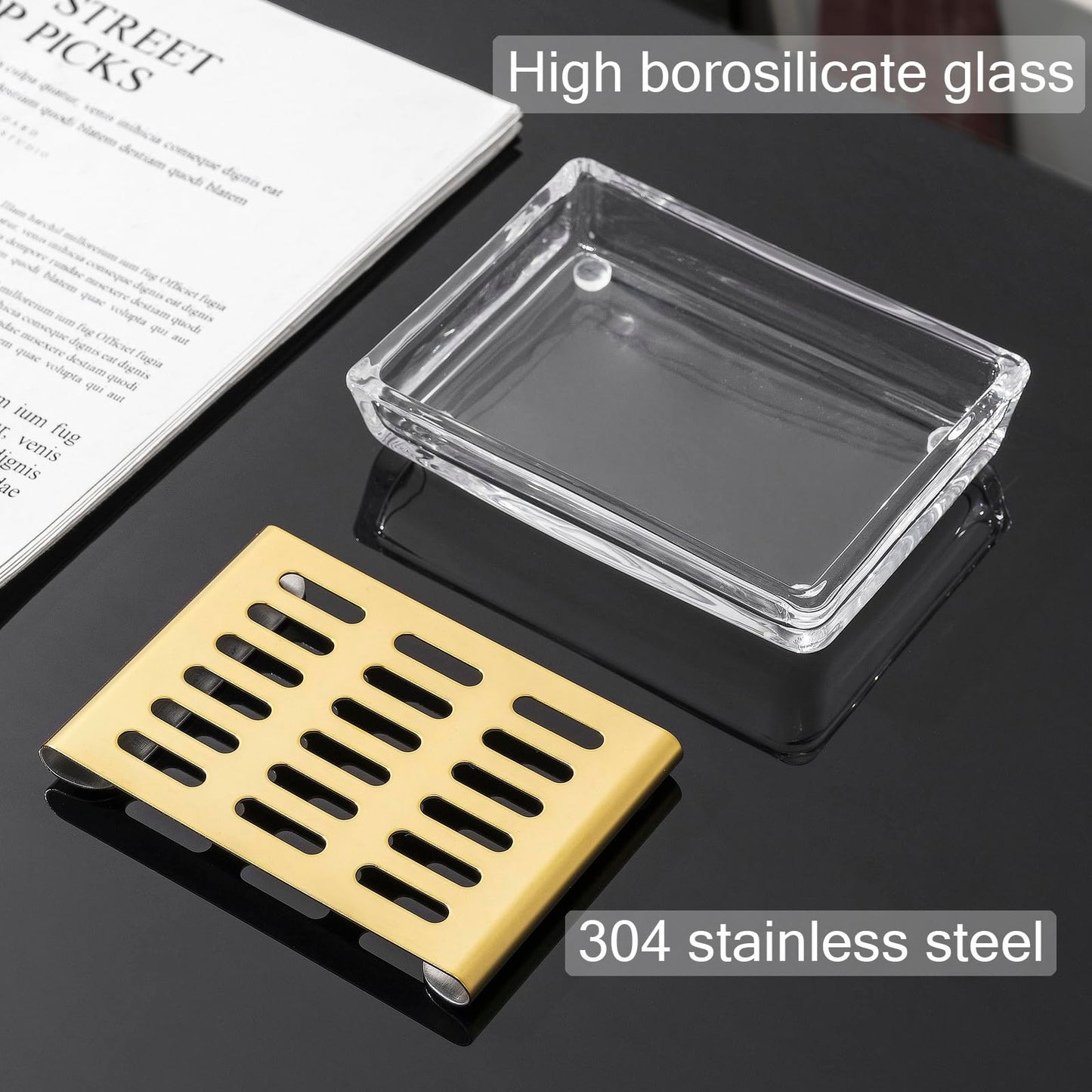 Glass Soap Dish (11.3 x 8.5 x 2.4cm) Stainless Steel Soap Holder for Bathroom and Shower Double Layer Draining Soap Box (Gold tray)