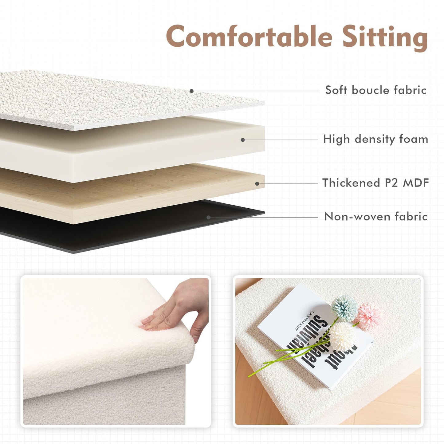 Bonlife Boucle Ottoman Storage,Foot Rest Stool Seat,Folding Footstool for Living Room,Sherpa Ottoman for Bedroom,Cream,40x40x40cm