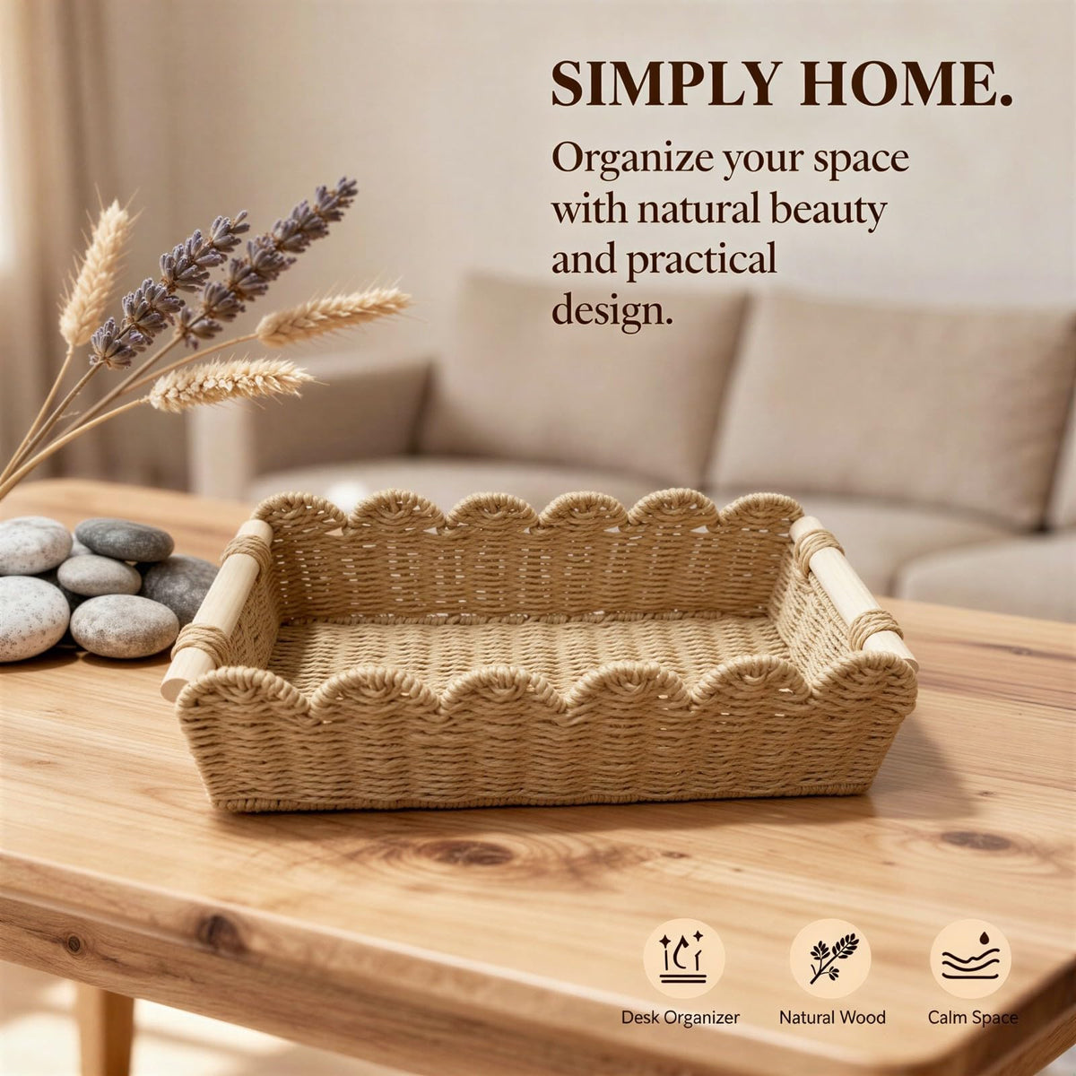 2 PCS Beige Paper Rope Storage Basket Set, Hand-Woven Scalloped Woven Organizer Bins with Wooden Handles