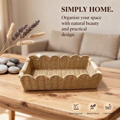 2 PCS Beige Paper Rope Storage Basket Set, Hand-Woven Scalloped Woven Organizer Bins with Wooden Handles