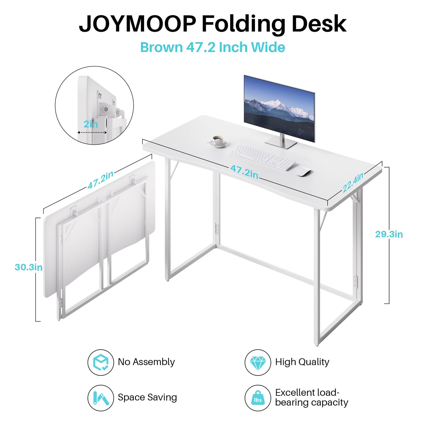JOYMOOP White Folding Desk - 120 x 57 cm, No Assembly Large Size Foldable Desk for Home, Office, Wooden Top Folding Computer Desk for Working