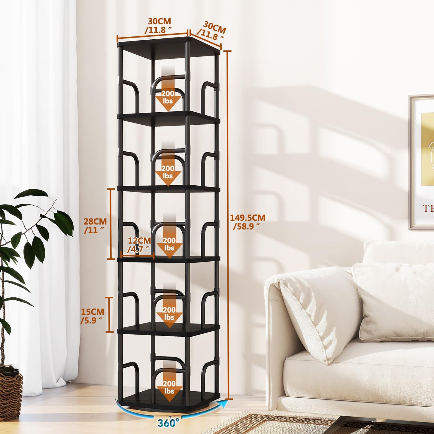 IBUYKE 6 Tier Rotating Bookshelf,Square Bookcases,Black TBC005B