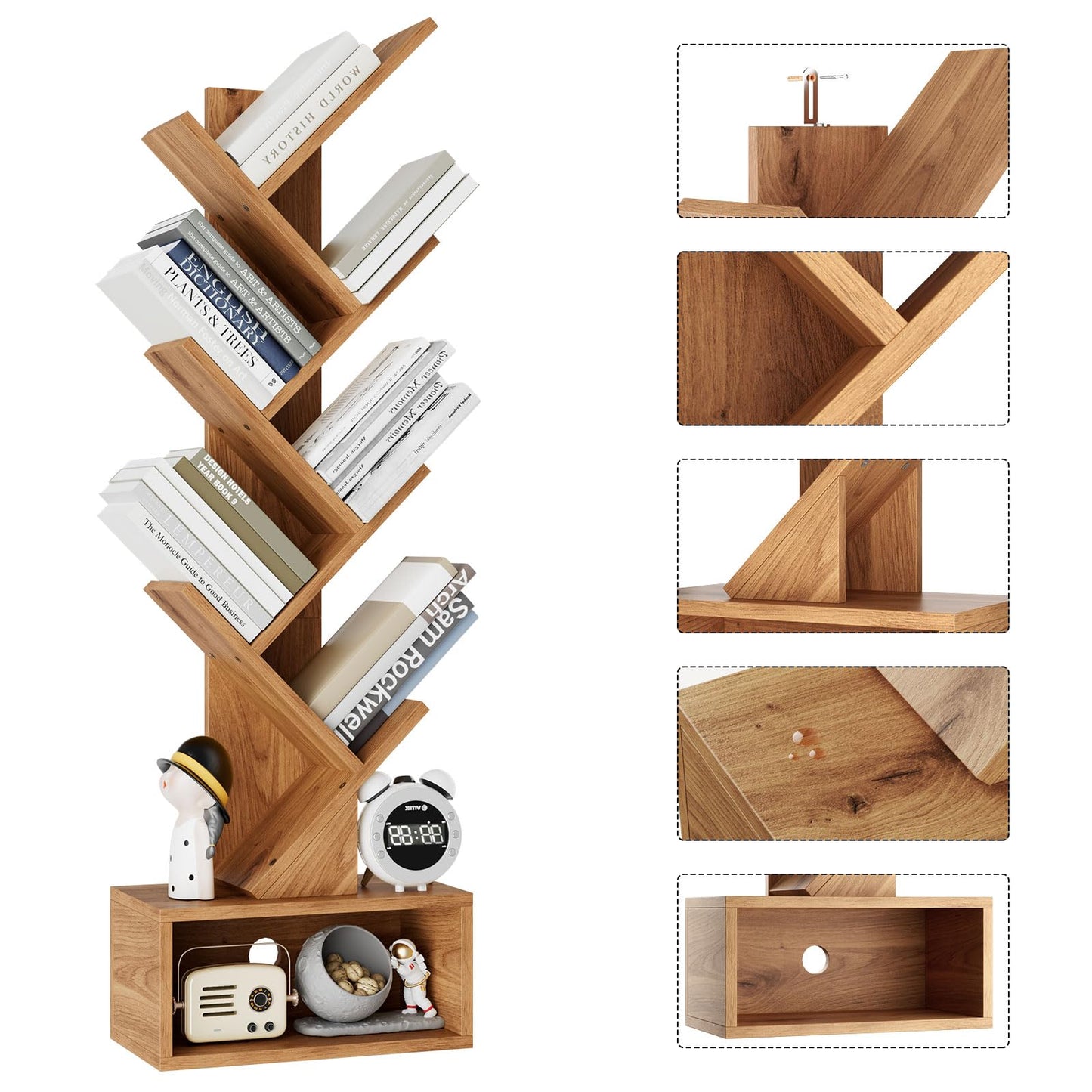 YMYNY 6 Tier Tree Bookshelf, Tall Bookcase, Wood Book Storage Rack with Drawer, Modern Floor Standing Book Shelf for Books/Movies/CDs