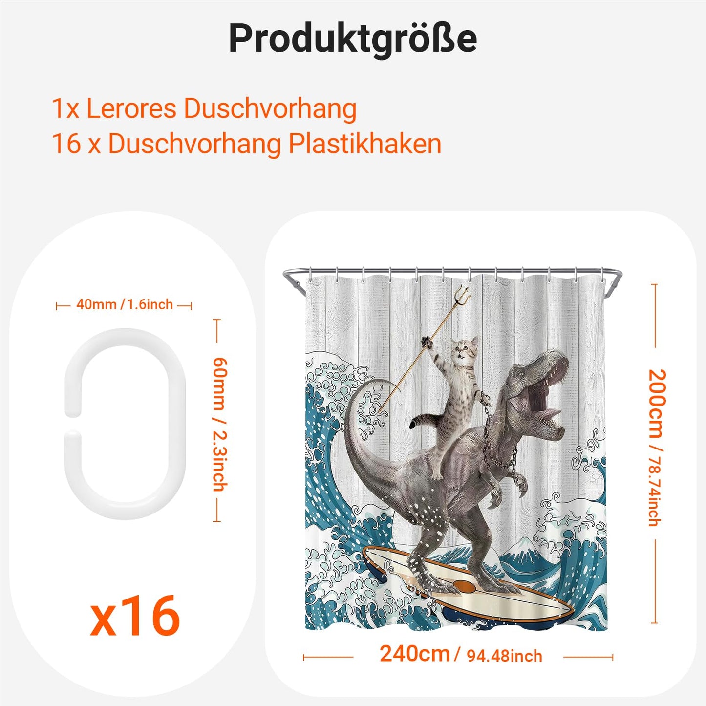 Lerores Shower Curtain, 240 x 200 cm, Cats and Dinosaurs, Weighted Hem, Anti-Mould, Water-Repellent