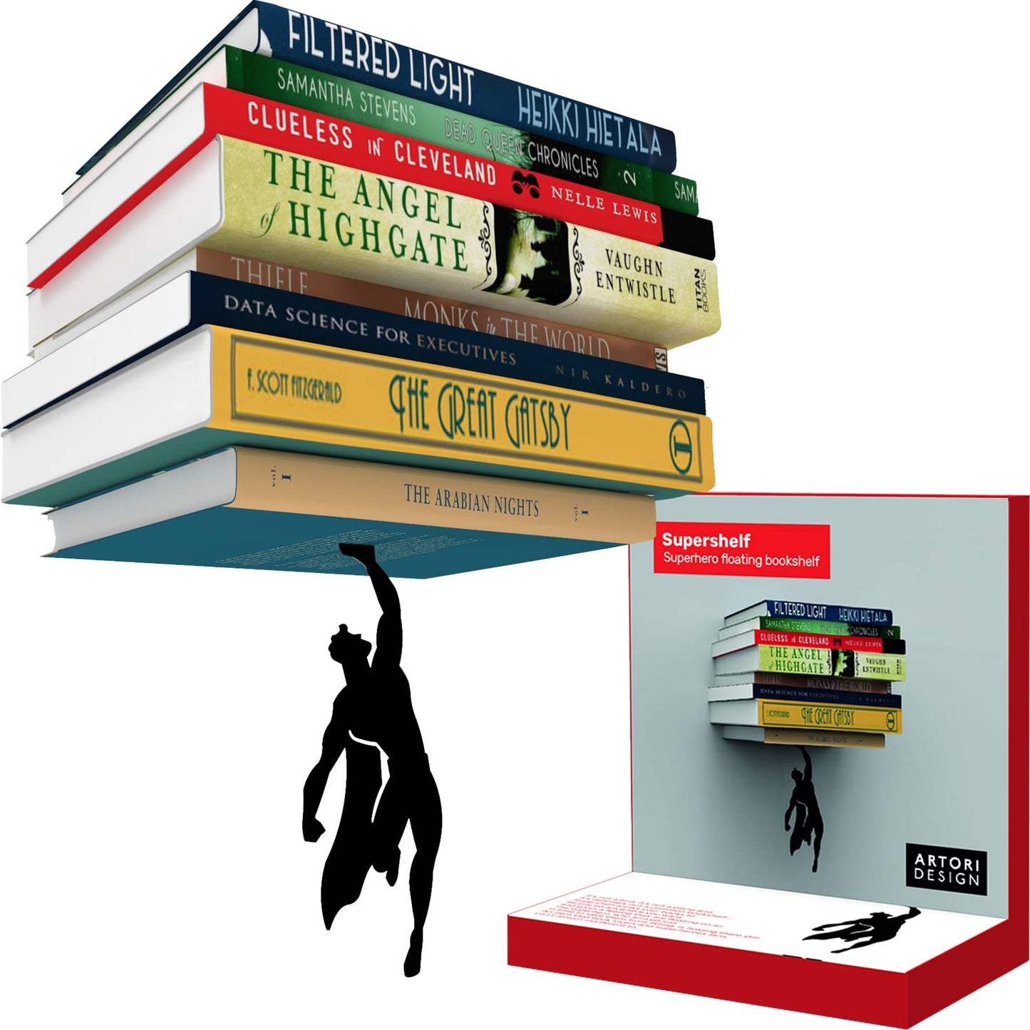 Artori Design Supershelf | Black Metal Superhero Floating Bookshelf | Concealed | Hidden Shelf | Unique Book Shelves | Gifts for Geeks