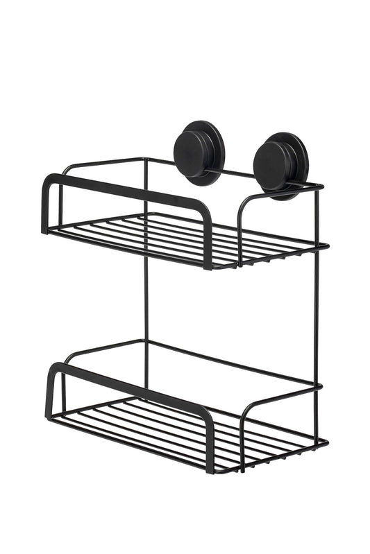 Croydex Stick 'N' Lock Two Tier Black Shower Caddy - Shower Shelf No Drilling Bathroom Storage Solution with Sticky Pad Easy-Clean 5 Year Rust-Free