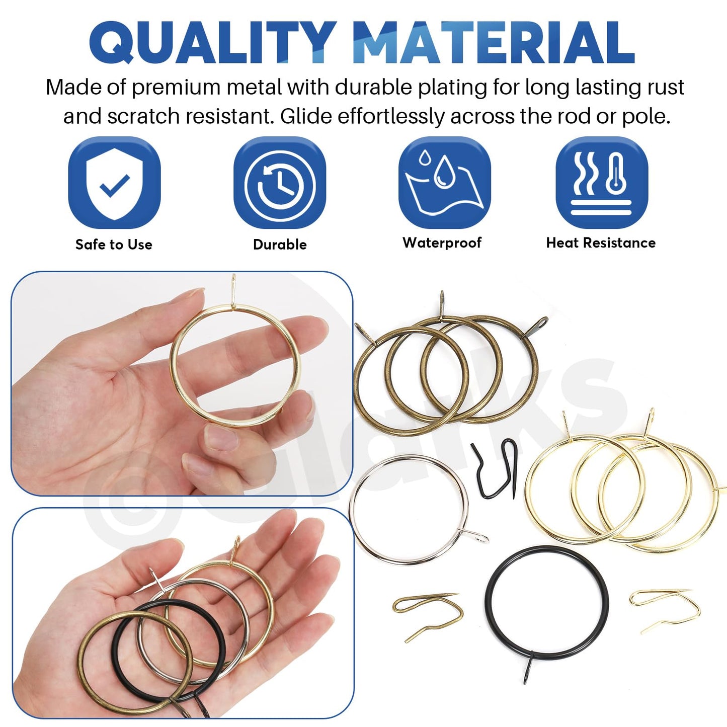 Glarks 30 Sets 25mm/1inch Golden Metal Drapery Curtain Hanging Rings Set, includes 30pcs Curtain Rings and 30pcs Drapery Pin Hooks