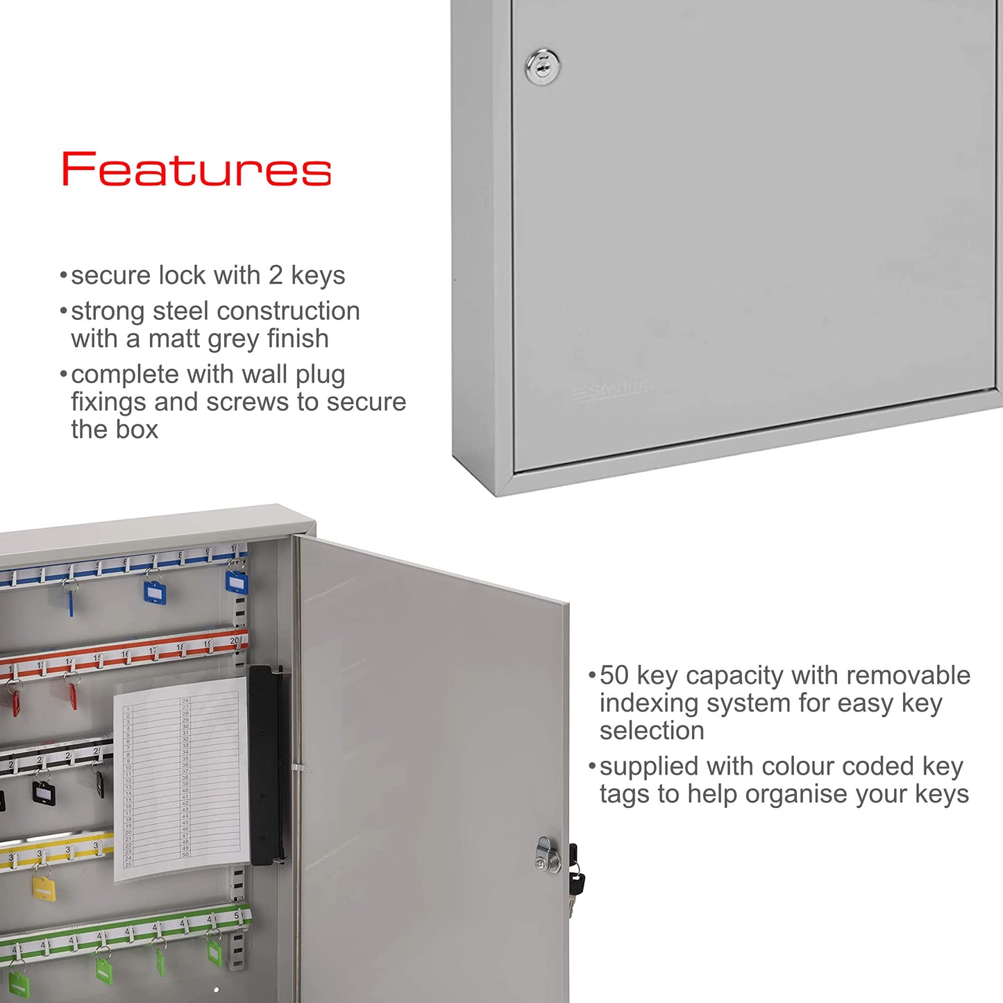 Sterling KC50H Single Door Key Cabinet with 50 Hooks, Grey