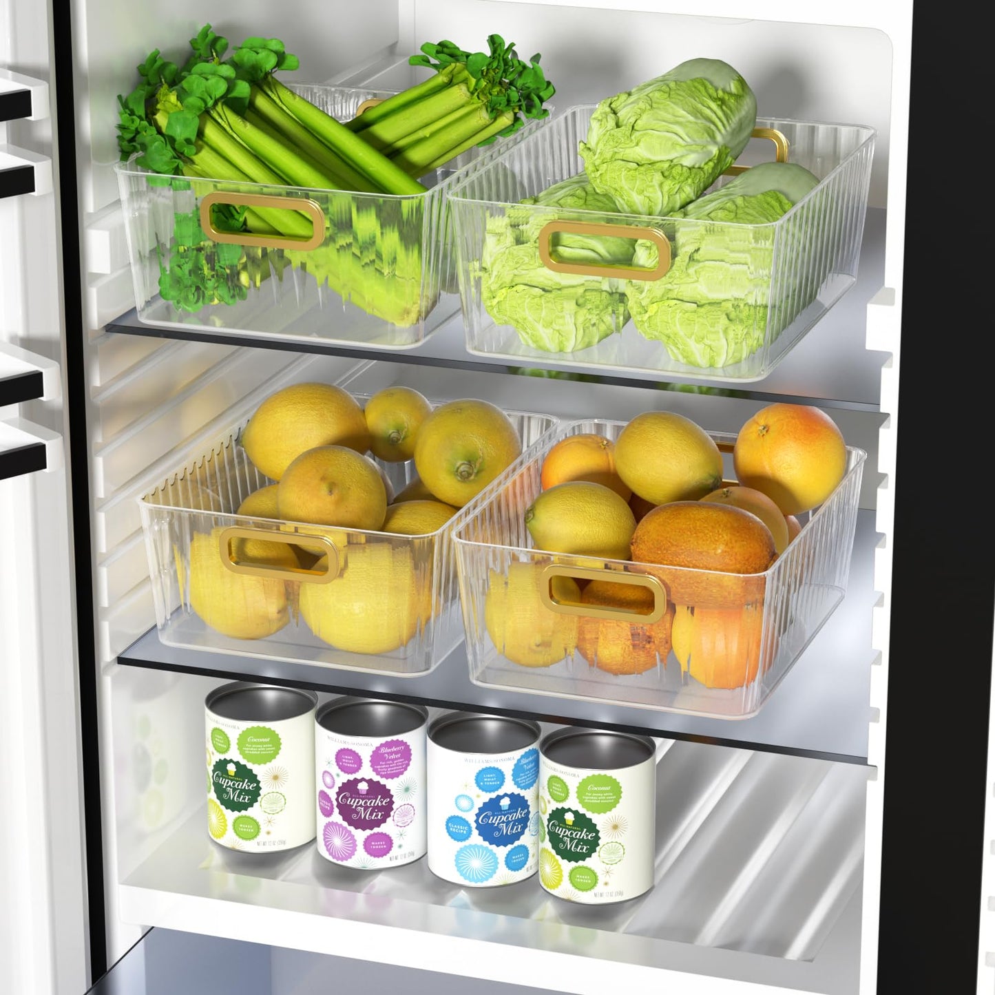 Lasbily 4 Packs Clear Plastic Storage Bins with Handle, Pantry Organiser Containers for Kitchen Cupboard, Fridge, Cabinets, Bathroom