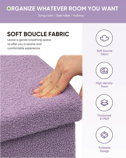 Bonlife Boucle Ottoman Seat with Storage,Folding Small Footstool for Living Room,Cube Toy Chest Box,Foot Rest,Purple,42x32x32cm