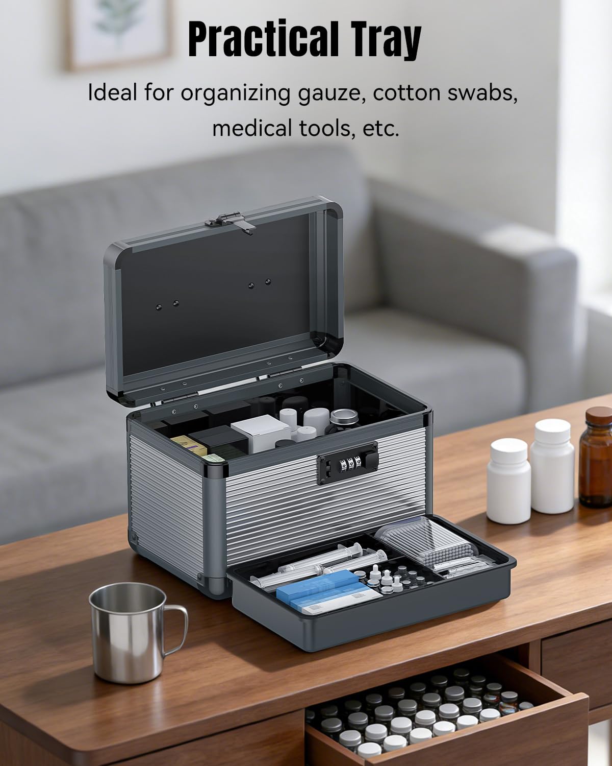 Uniclife Medicine Storage Box, 24 x 15.2 x 16.5 cm, Portable Medication Box with Combination Lock & Handle, Metal Lockable Medicine Box