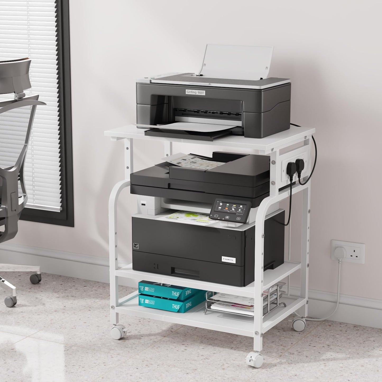 OYRREU 3-Tier Rolling Printer Stand with Outlets for Home, Office, White