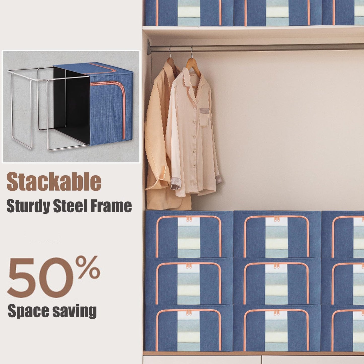 KXF Clothes Wardrobe Storage Organiser Boxes 3 Packs Waterproof Stackable Foldable Oxford Cloth Steel Frame Closet Clothing Storage Bag Clear Window