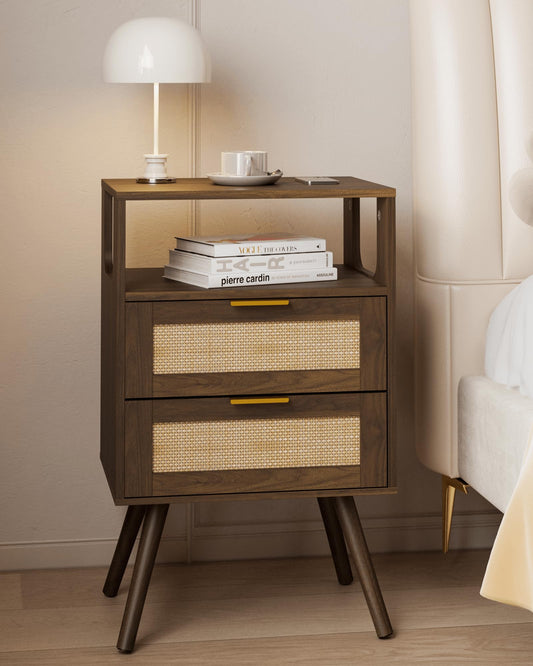 JERX Rattan Bedside Table, Farmhouse Nightstand with 2 Storage Drawer and Open Wood Shelf, for Bedroom and Small Spaces, Accent Bedside Cabinet with