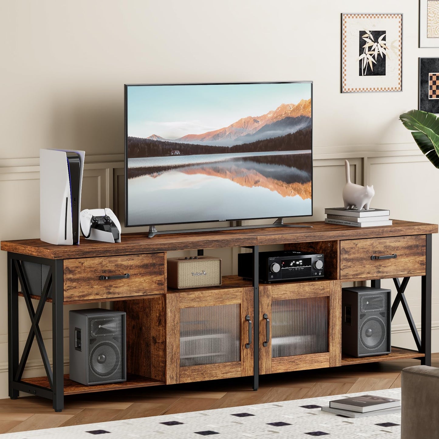 TV Stand Cabinet, 180cm Wooden TV Unit with Soundbar Shelf & Storage Drawers, Steel Frame, Industrial TV Console Table