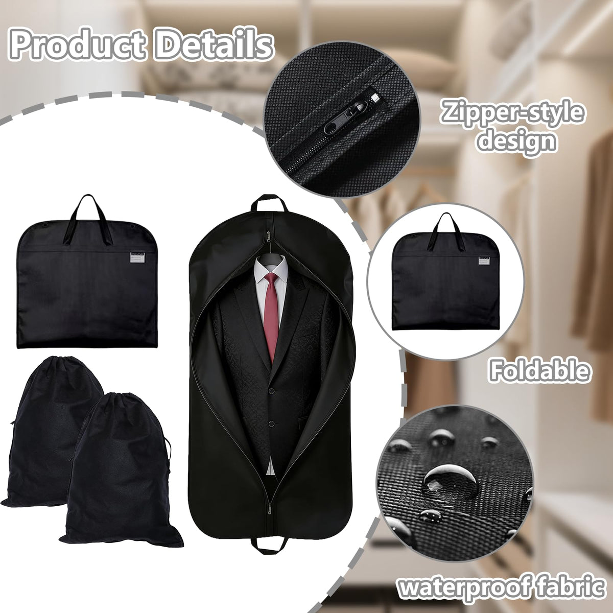 3PCS Suit Bags for Men Set, Suit Carrier, 60x120CM, Includes 2 Shoe Bags. Designed for Storing Jackets, Shirts, Evening Gowns