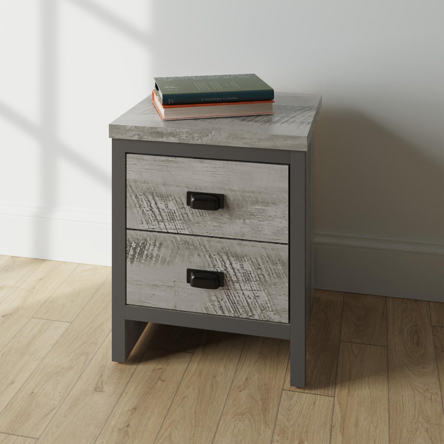 GFW Boston Pair of 2 Drawer Bedside Tables, Grey Wood Effect Bedside Cabinets, Industrial Style Nightstands with Storage Drawers