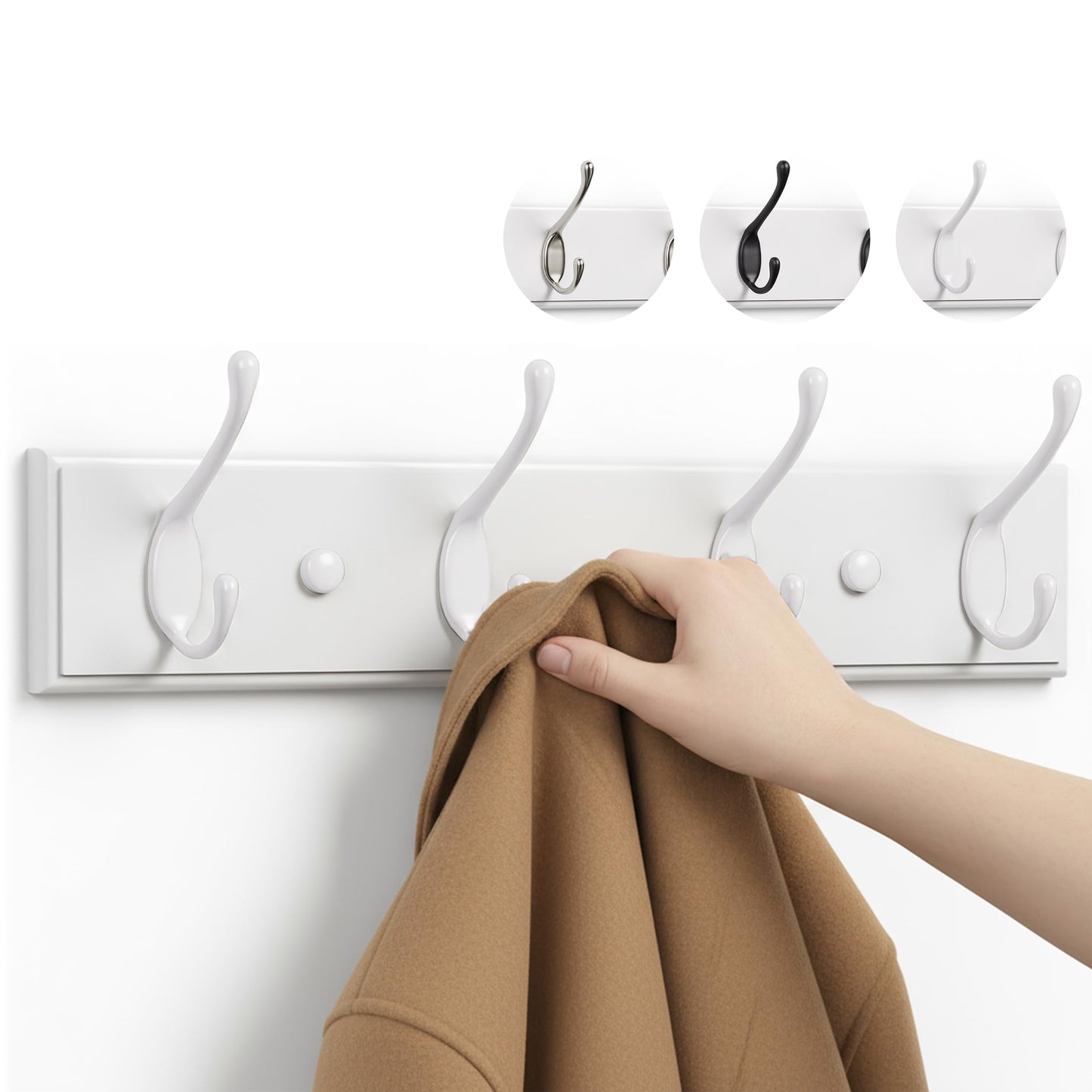 LARHN White Wall-Mounted Coat Rack - 4 White Coat Hooks, 42cm