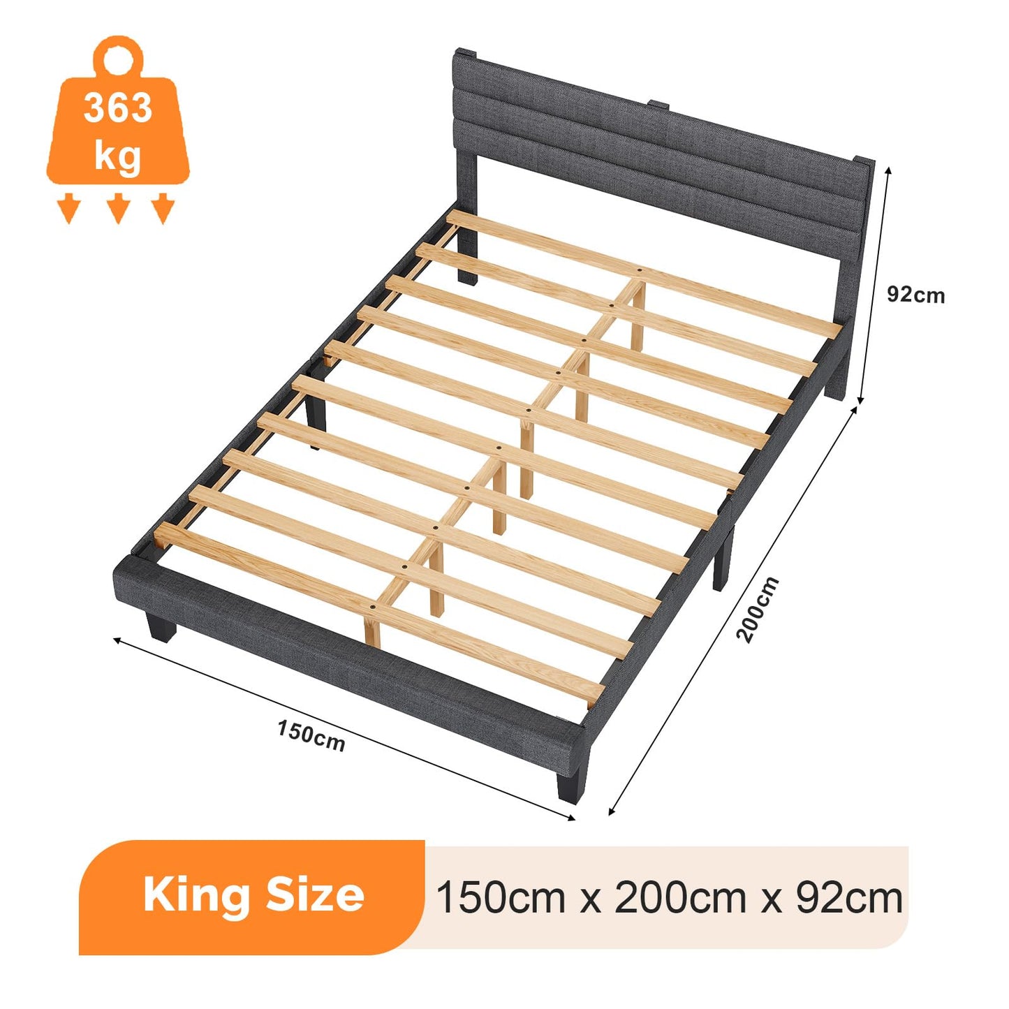 Bonnlo 5ft King Bed Frame, Noise-Free Upholstered Platform Bed with Adjustable Headboard & Under Bed Storage