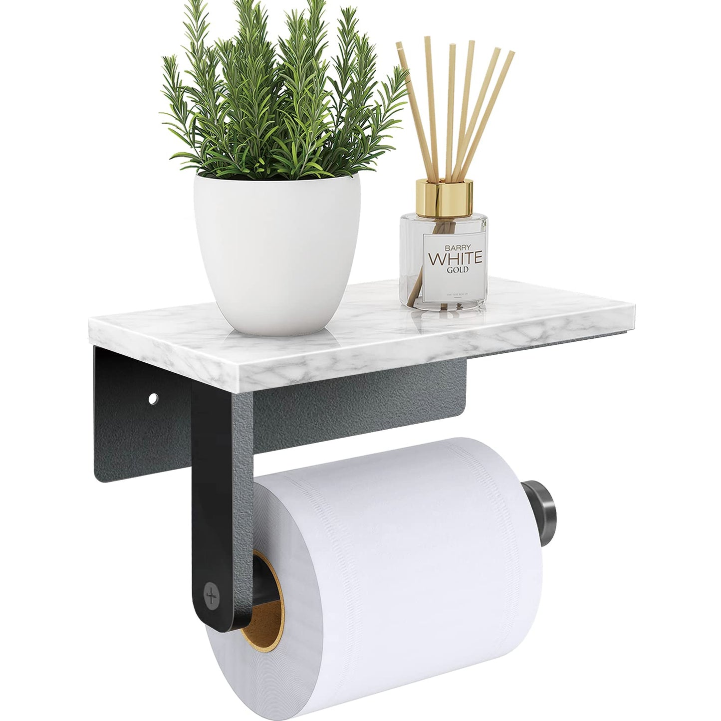 Toilet Roll Holder Wall Mounted, Gypie 304 Stainless Steel Toilet Paper Holder with Marble Shelf, Rustproof Matt Black Tissue holder for Bathroom
