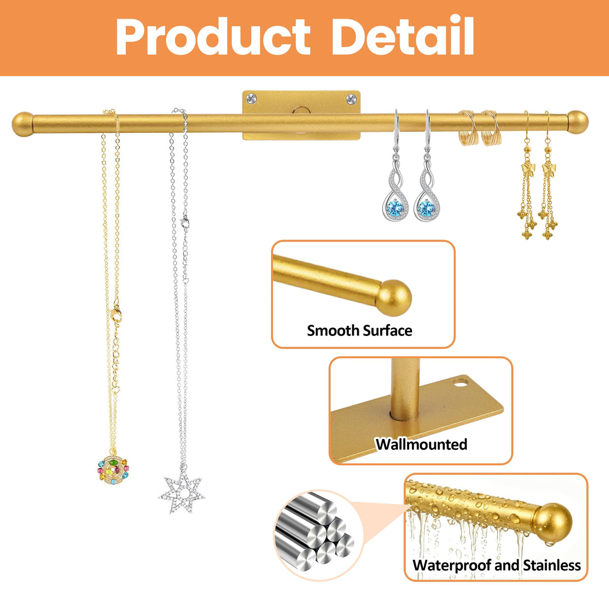 ZHABAYEN 2Pcs Wall Mounted Necklace Holder, Wall Jewelry Organiser, Metal Hanger Organiser for Necklaces, Bracelets and Rings