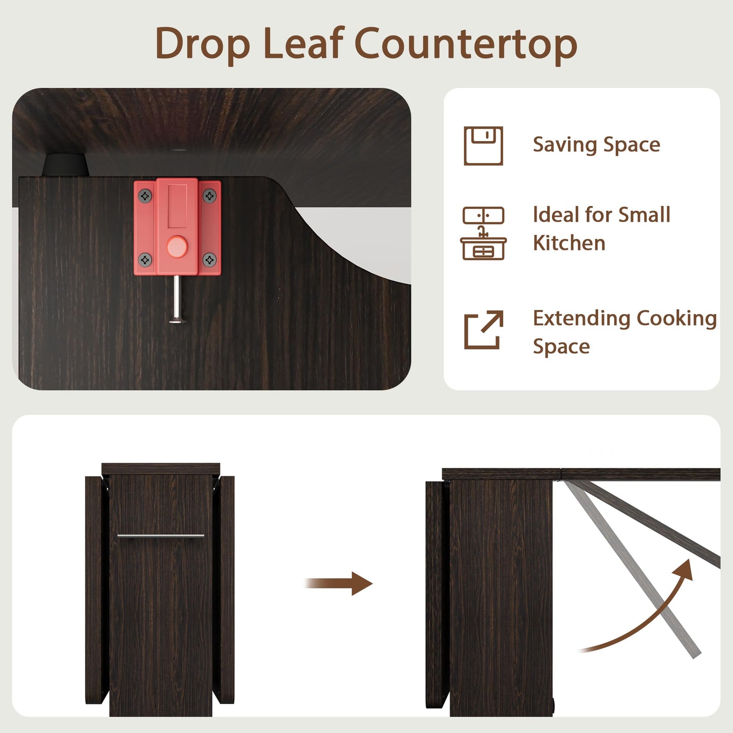 Folding Dining Table with 2 Tier Storage & 6 Wheels, Extendable Drop Leaf, Wood Kitchen Dining Room Tables Set for 4